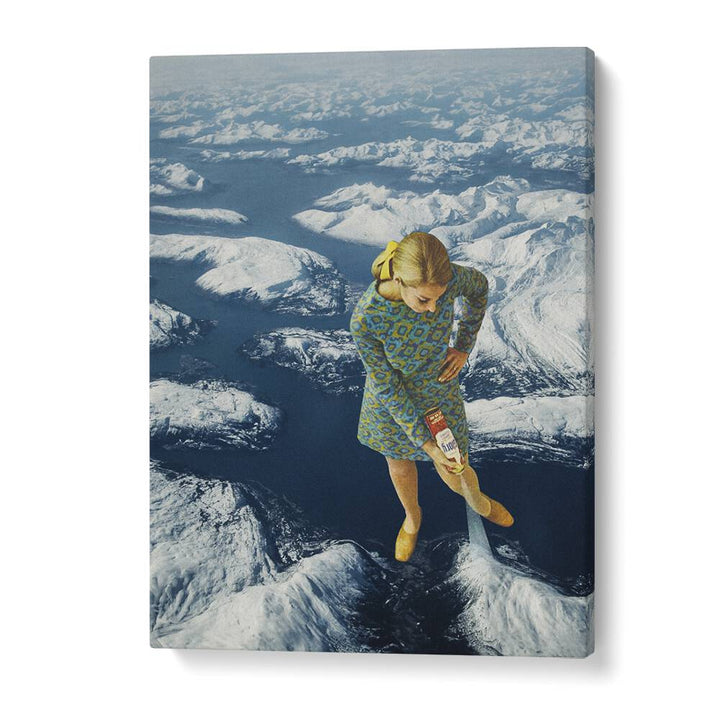 Surreal art prints featuring a woman spraying snow on mountains, perfect for transforming your space with elegance.