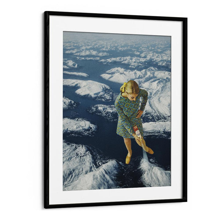 Surreal art print "Spraying Snow" features a whimsical scene of a woman creating snow on mountains by Vertigo Artography.