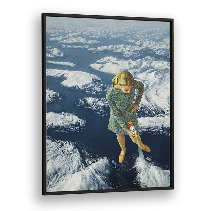 Surreal art print "Spraying Snow" by Vertigo Artography, showcasing a unique mountain scene and vibrant colors.