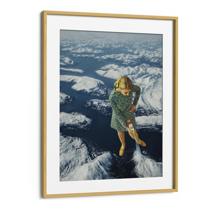 Surreal art print "Spraying Snow" features a woman creating snow on mountains, perfect for transforming your space.