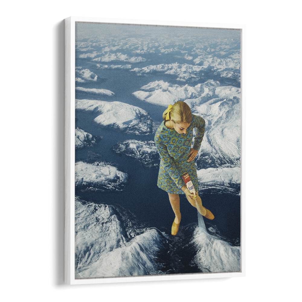 Surreal art print "Spraying Snow" by Vertigo Artography features a whimsical scene over majestic mountains.