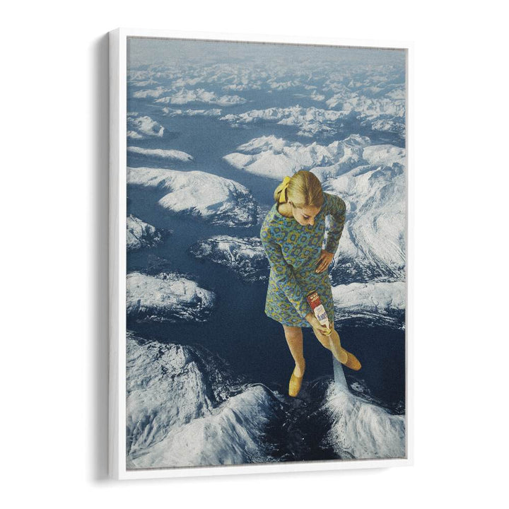 Surreal art print "Spraying Snow" by Vertigo Artography features a whimsical scene over majestic mountains.