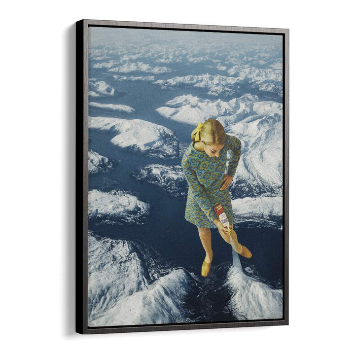 Surreal art print "Spraying Snow" by Vertigo Artography captures a whimsical scene over majestic mountains.