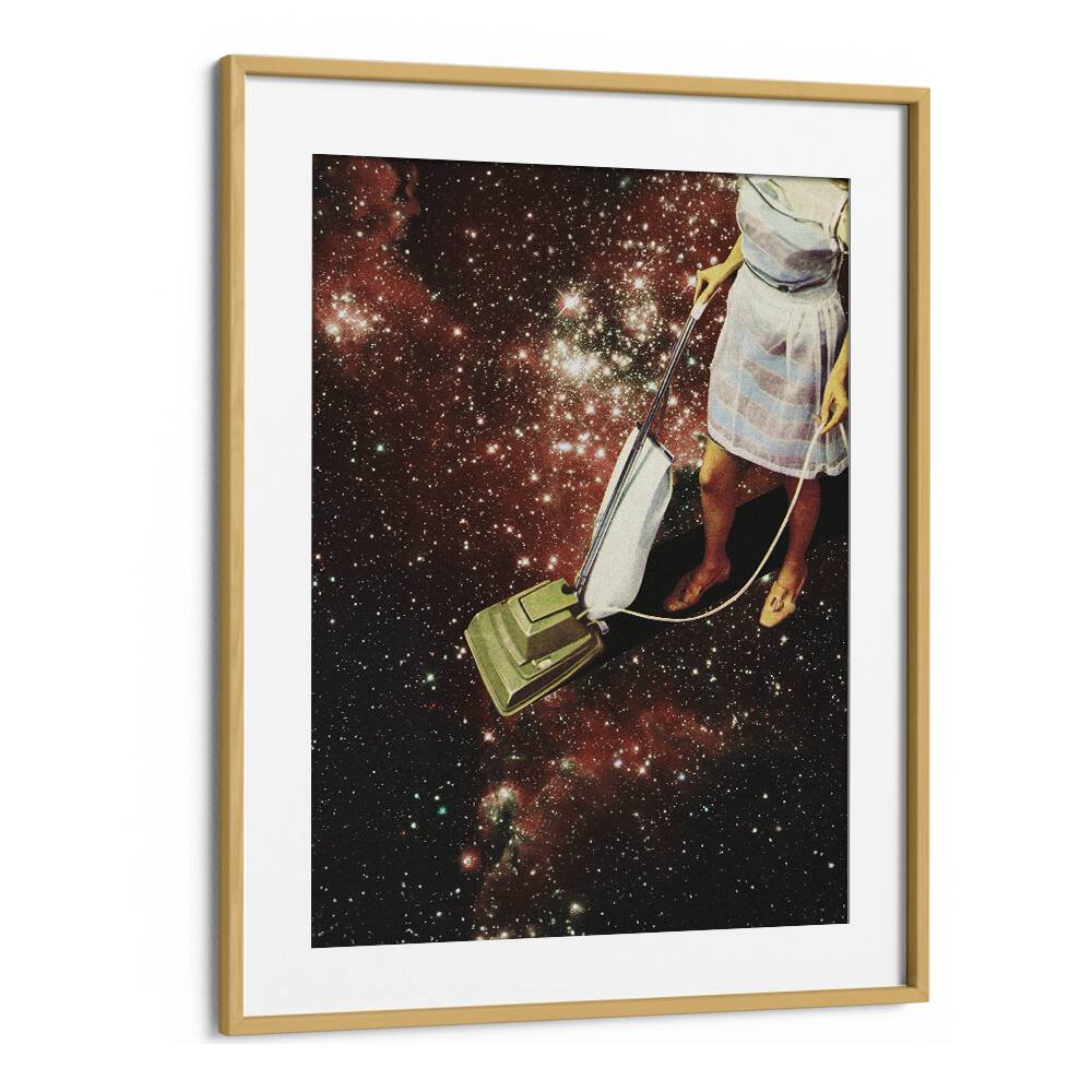 Star Dust, Surreal Art Prints by Vertigo Artography, featuring a whimsical vacuuming scene in a cosmic backdrop.