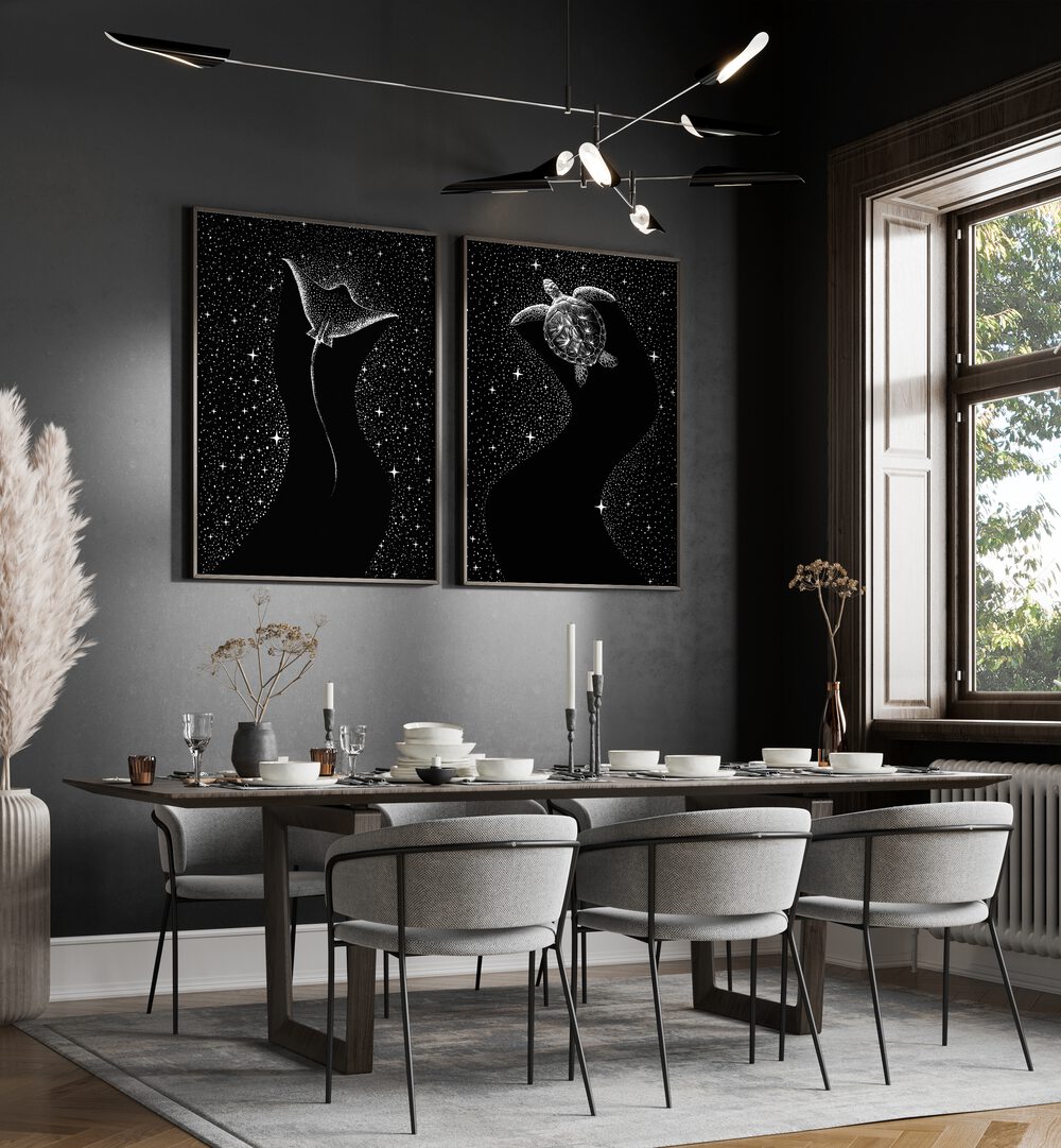 Elevate your space with the STAR COLLECTORS SET, SET OF 2 PAINTINGS, featuring stunning black and white artistry.
