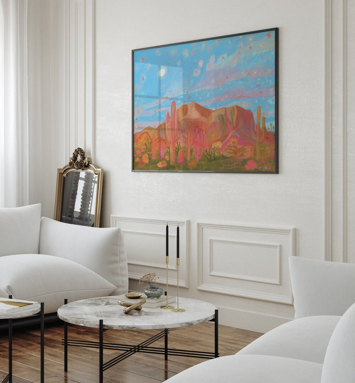 Vibrant STARRY NIGHT, LANDSCAPE PAINTINGS adorn a stylish living room, enhancing tranquility and inspiration.
