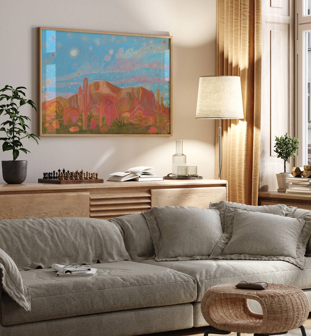 Beautiful STARRY NIGHT, LANDSCAPE PAINTINGS on the wall, enhancing the tranquil atmosphere of a cozy living space.