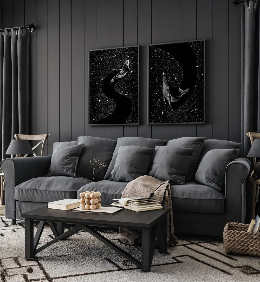 Transform your home with the STARRY WHALES SET, SET OF 2 PAINTINGS, featuring elegant whale designs against a starry backdrop.