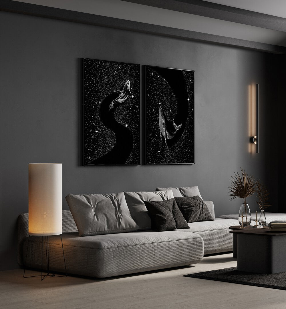 Elegant STARRY WHALES SET, SET OF 2 PAINTINGS, perfect for adding whimsy to your home décor.