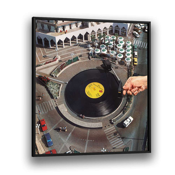 Transform your space with the START ME UP, SURREAL ART PRINTS by Vertigo Artography, featuring a unique vinyl record design.
