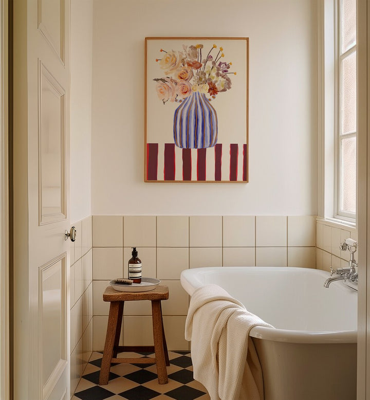 Bright and elegant STILL LIFE WITH FLOWERS I, FLORAL FLOWER PAINTINGS enhancing a stylish bathroom space.