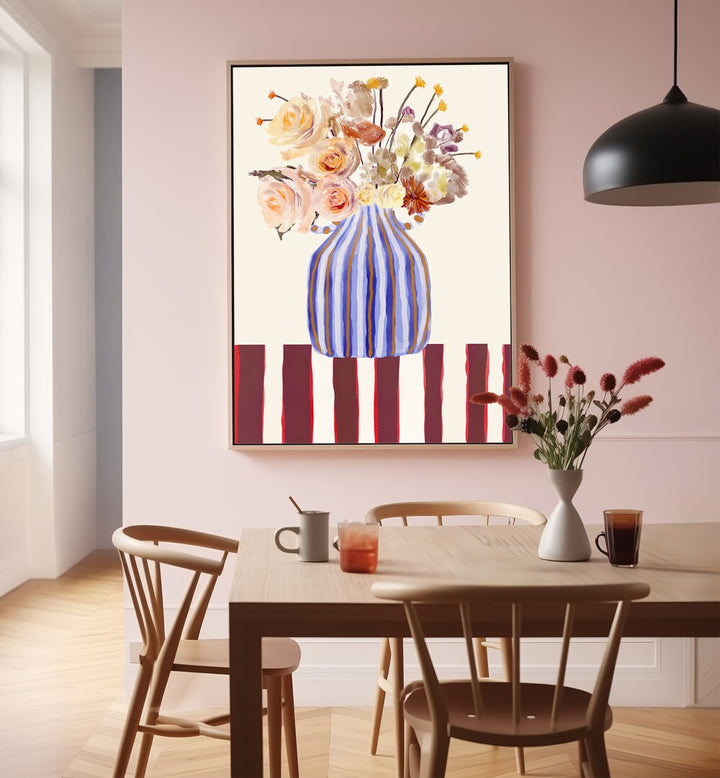 Brightly colored STILL LIFE WITH FLOWERS I, FLORAL FLOWER PAINTINGS, enhances any space with vibrant charm and elegance.