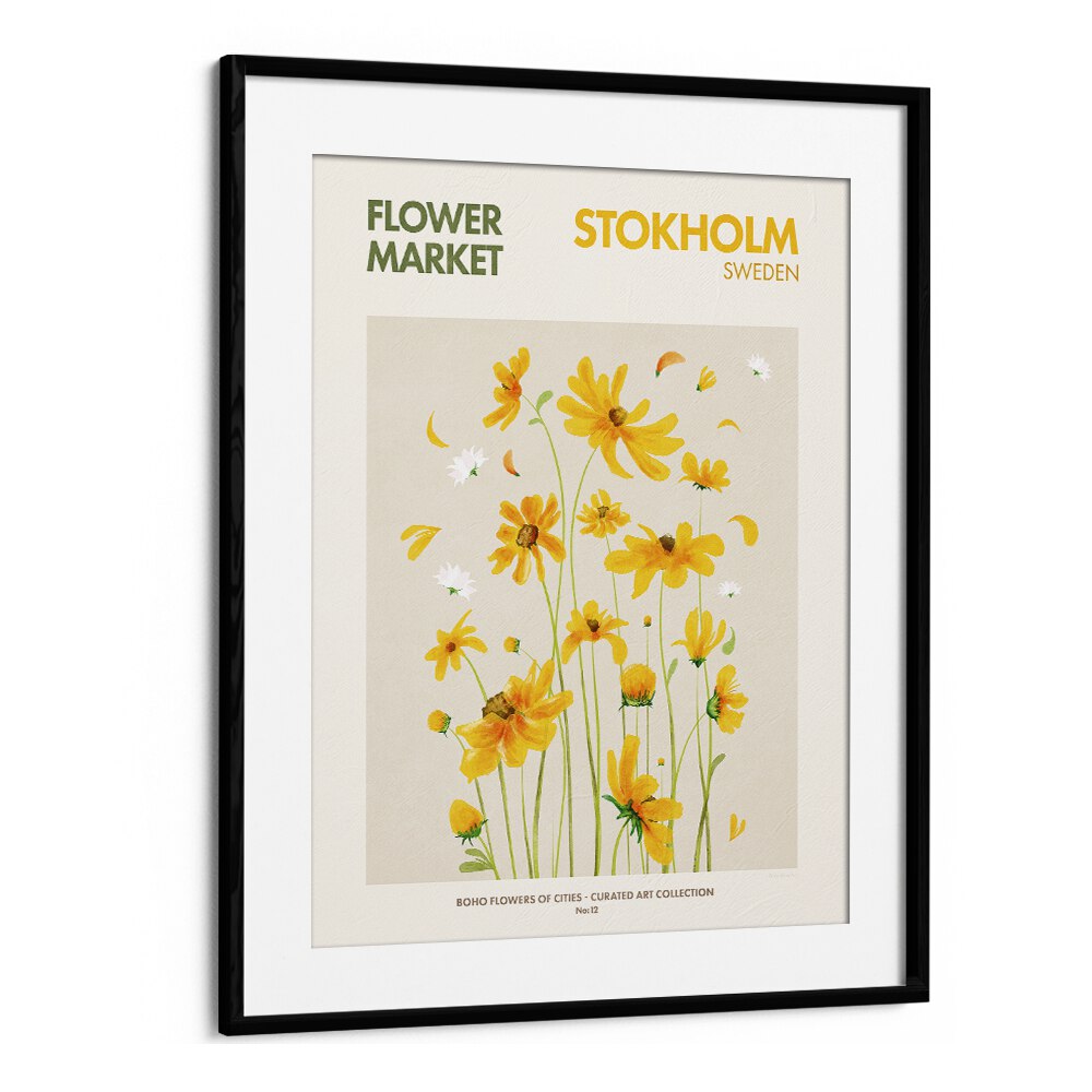 Vibrant STOKHOLM - FLOWERMARKET, FLORAL FLOWER PAINTINGS in a sleek black frame, perfect for elevating your space.