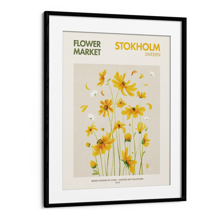 Vibrant STOKHOLM - FLOWERMARKET, FLORAL FLOWER PAINTINGS in a sleek black frame, perfect for elevating your space.