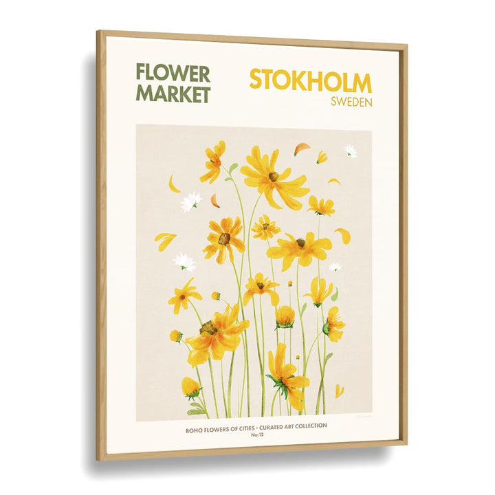 STOKHOLM - FLOWERMARKET, FLORAL FLOWER PAINTINGS showcase vibrant yellow blooms in a stylish oak frame.
