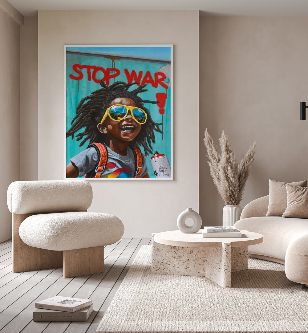 Brighten your space with STOP WAR, AFRICAN ART PAINTINGS by Christian Beijer, showcasing a powerful peace message.