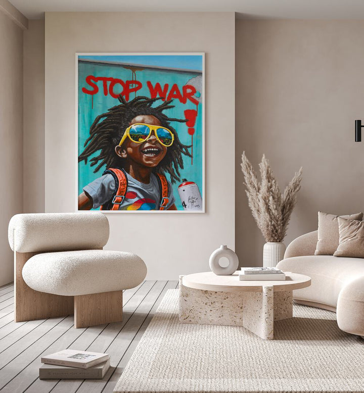 Brighten your space with STOP WAR, AFRICAN ART PAINTINGS by Christian Beijer, showcasing a powerful peace message.