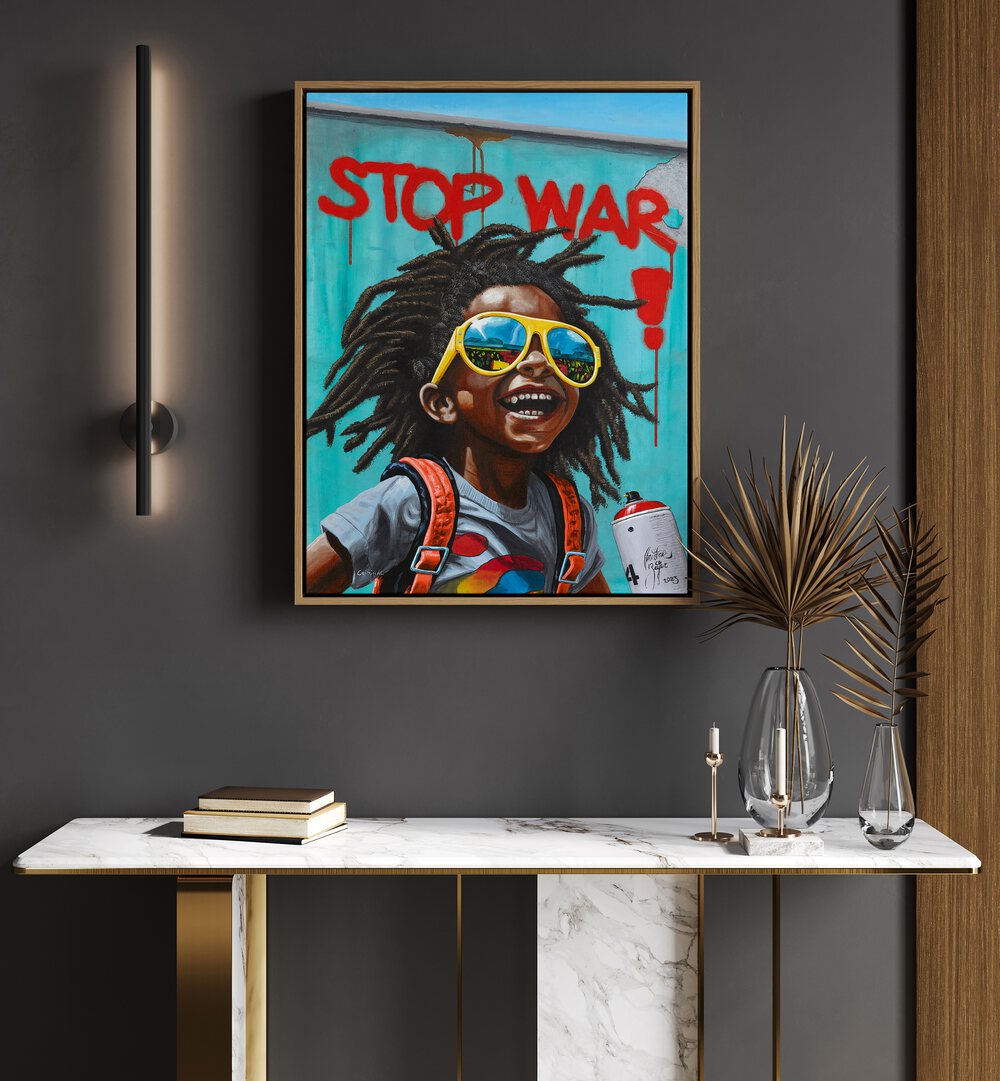 Bright and vibrant STOP WAR, AFRICAN ART PAINTINGS by Christian Beijer, showcasing a message of peace and joy.