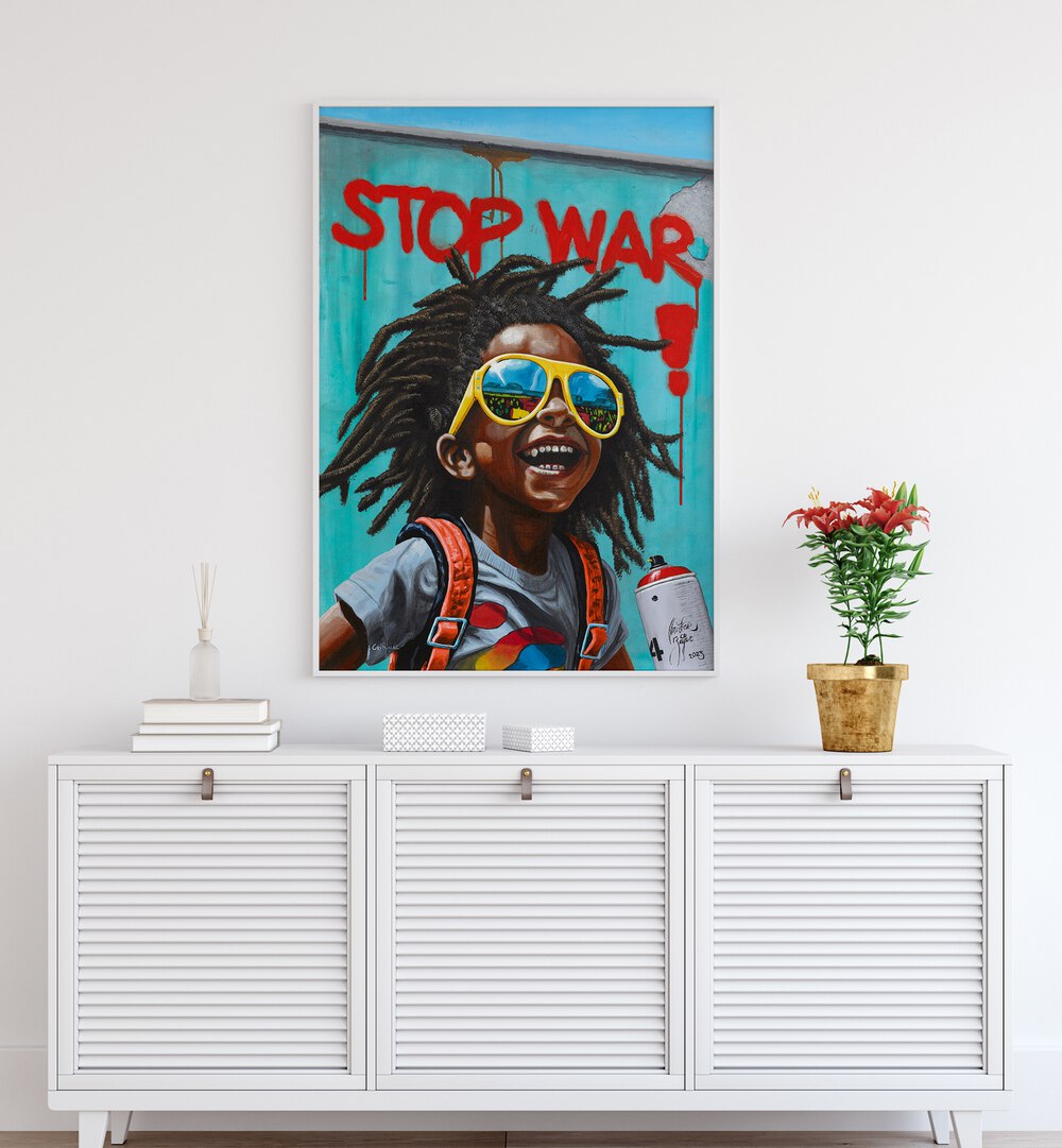 Vibrant STOP WAR, AFRICAN ART PAINTINGS by Christian Beijer, showcasing joy and a powerful peace message.