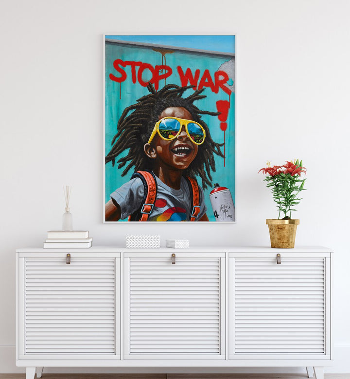 Vibrant STOP WAR, AFRICAN ART PAINTINGS by Christian Beijer, showcasing joy and a powerful peace message.