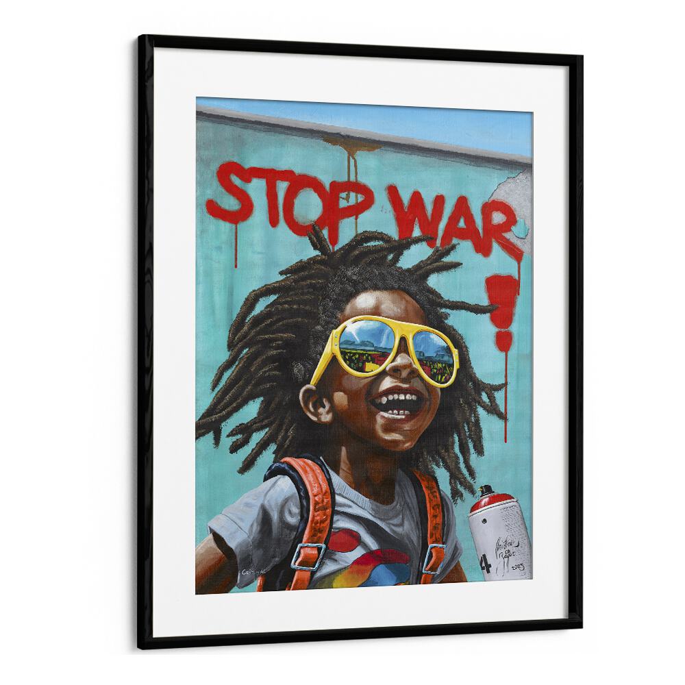 Colorful "STOP WAR" African art painting by Christian Beijer, perfect for promoting peace in your home decor.