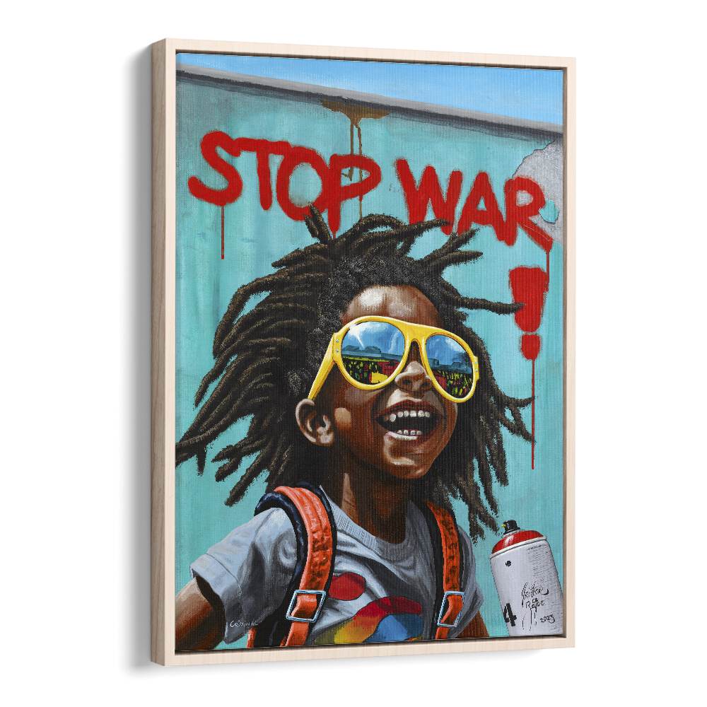 Bright and joyful "STOP WAR" African art painting by Christian Beijer, promoting peace and vibrant decor for your space.