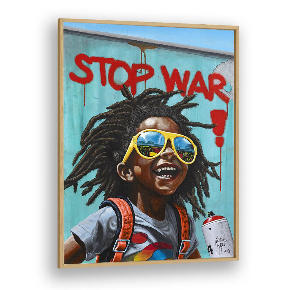 Bright and joyful "STOP WAR" African art painting by Christian Beijer, promoting peace in your home decor.