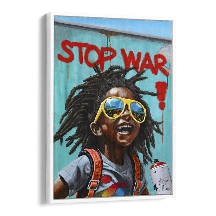 Colorful "STOP WAR, AFRICAN ART PAINTINGS" by Christian Beijer, showcasing a joyful child with a powerful message.