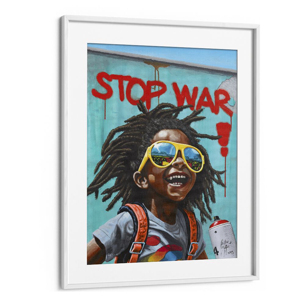Colorful "STOP WAR" African art painting by Christian Beijer, showcasing a joyful child with a powerful message.