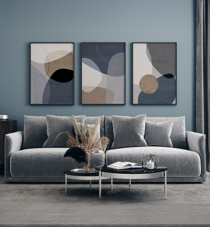 Elevate your decor with the STORM VEIL LAYERS SET, SET OF 3 PAINTINGS featuring elegant abstract designs.