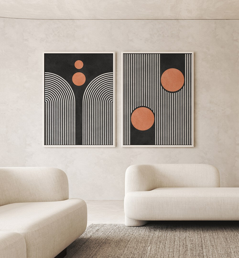 Stylish STRIPES AND CIRCLES ON BLACK SET, SET OF 2 PAINTINGS enhancing modern home décor and sophistication.