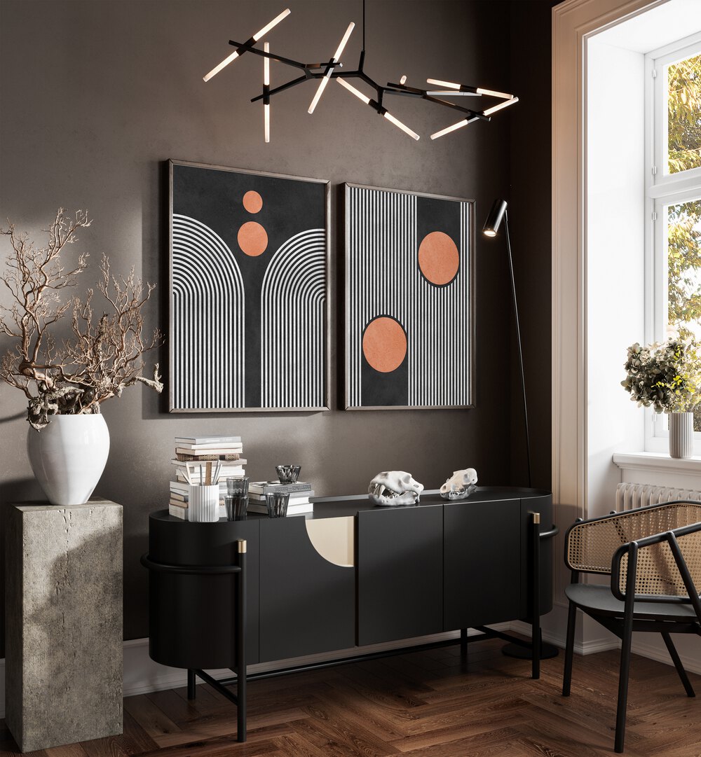 Elevate your décor with the STRIPES AND CIRCLES ON BLACK SET, SET OF 2 PAINTINGS, perfect for modern living spaces.