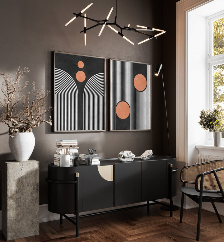 Elevate your décor with the STRIPES AND CIRCLES ON BLACK SET, SET OF 2 PAINTINGS, perfect for modern living spaces.