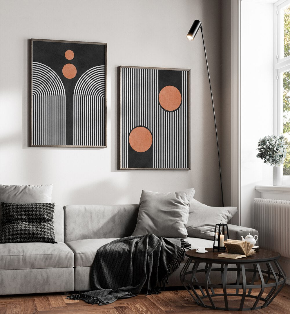 Enhance your decor with STRIPES AND CIRCLES ON BLACK SET, SET OF 2 PAINTINGS, perfect for modern living spaces.