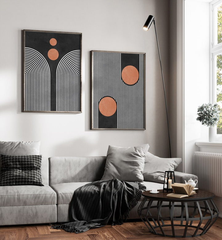 Enhance your decor with STRIPES AND CIRCLES ON BLACK SET, SET OF 2 PAINTINGS, perfect for modern living spaces.