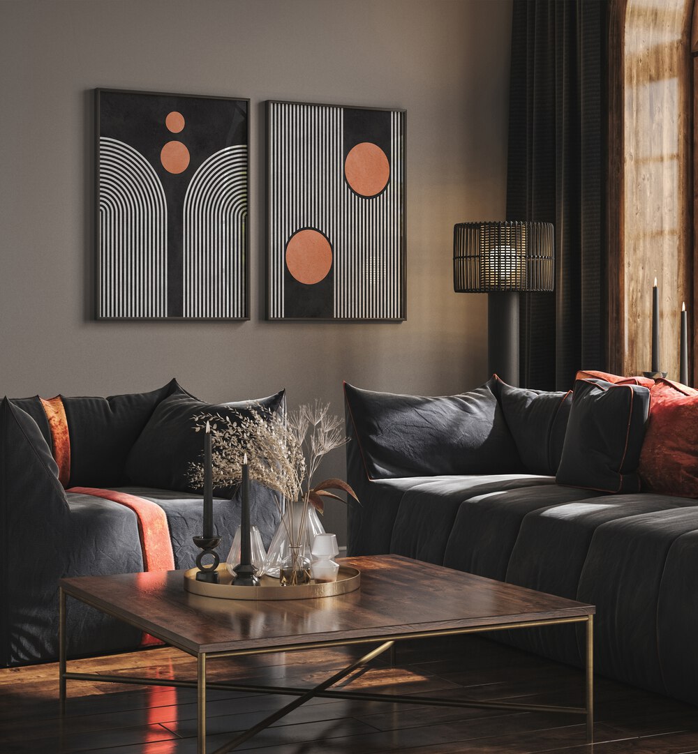 Stylish STRIPES AND CIRCLES ON BLACK SET, SET OF 2 PAINTINGS enhancing modern living room décor.