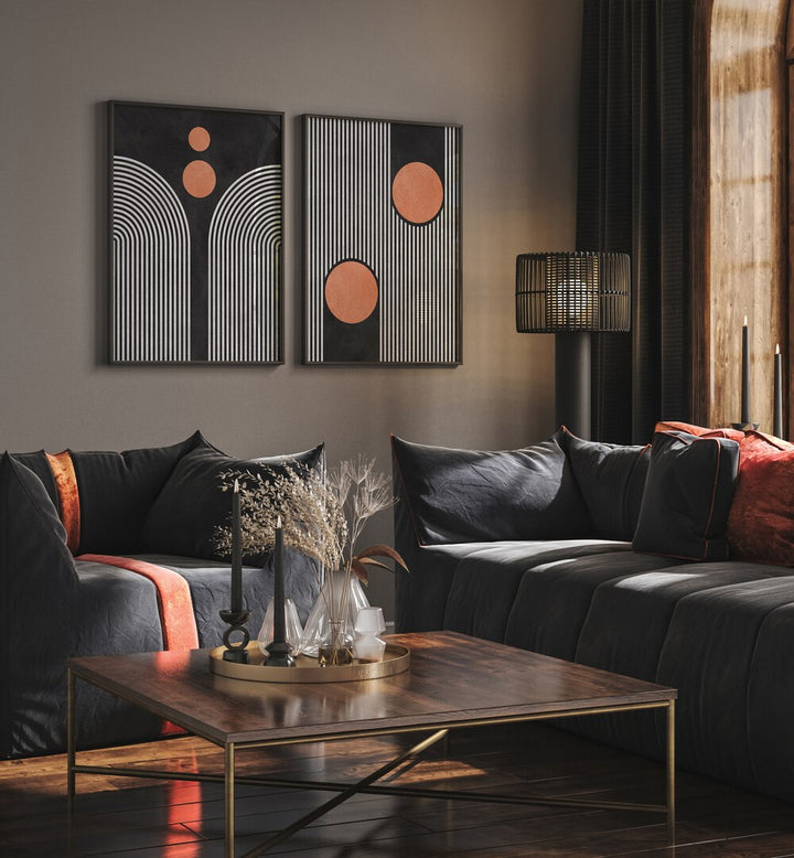 Stylish STRIPES AND CIRCLES ON BLACK SET, SET OF 2 PAINTINGS enhancing modern living room décor.