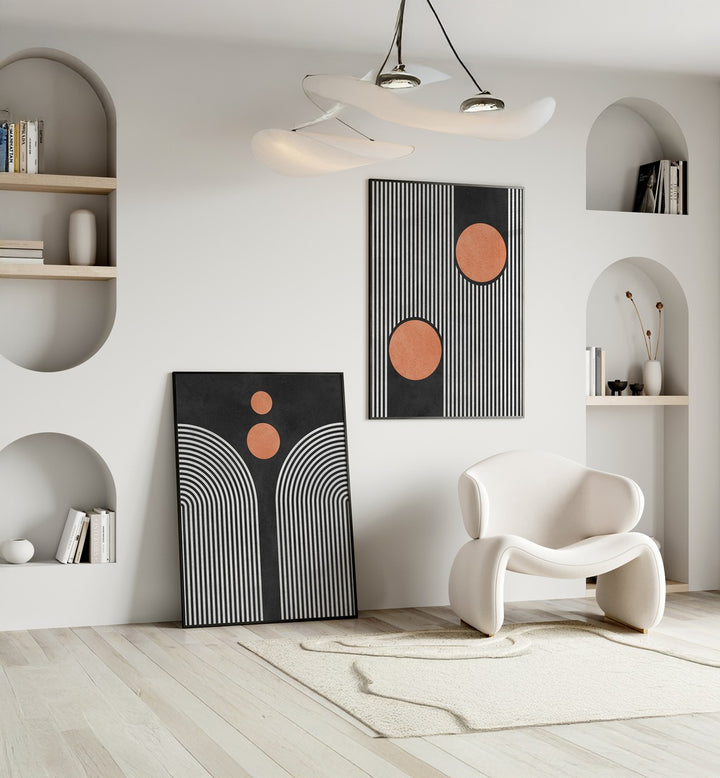 Stylish STRIPES AND CIRCLES ON BLACK SET, SET OF 2 PAINTINGS enhancing modern home décor in a chic living space.