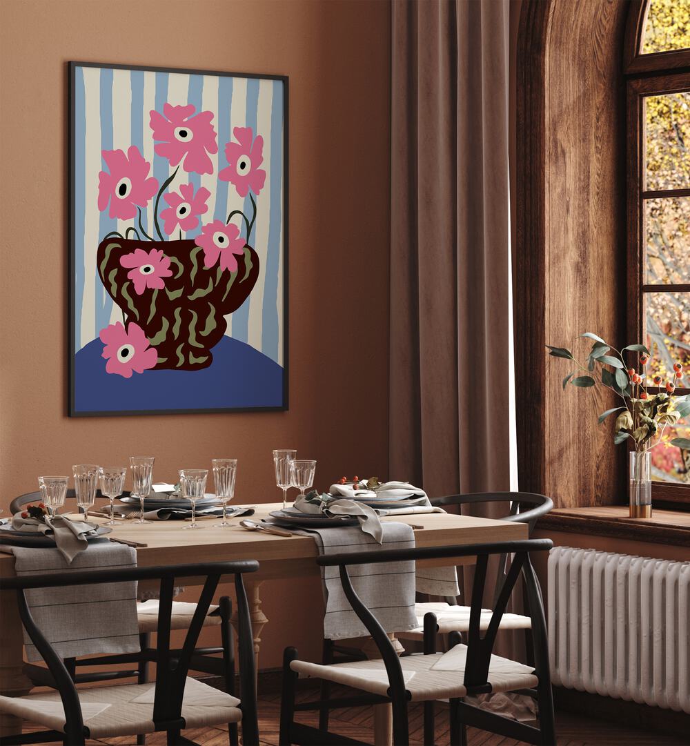 Summer Stripe And Pink Flowers, Botanical Art Paintings Artwork in Black Plain Frame
placed on a Brown Colored Wall
near a Dining Table
in the Dining Room