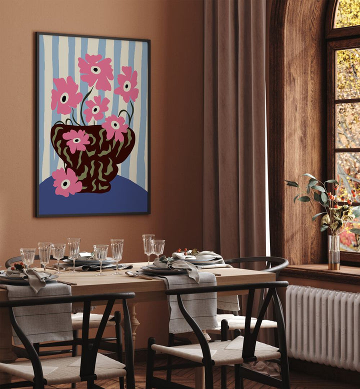 Summer Stripe And Pink Flowers, Botanical Art Paintings Artwork in Black Plain Frame
placed on a Brown Colored Wall
near a Dining Table
in the Dining Room