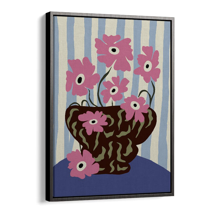 Summer Stripe And Pink Flowers, Botanical Art Paintings Artwork in Black Floater Frame