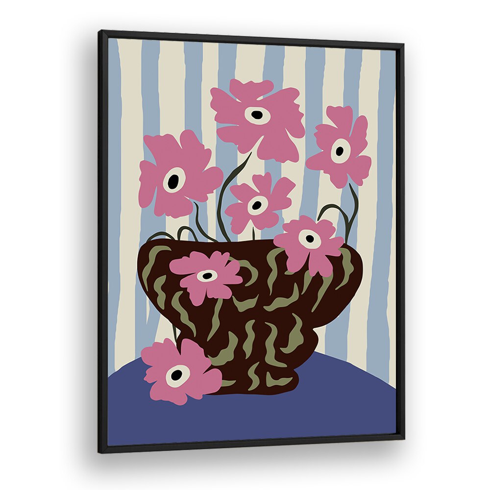 Summer Stripe And Pink Flowers, Botanical Art Paintings Artwork in Black Plain Frame