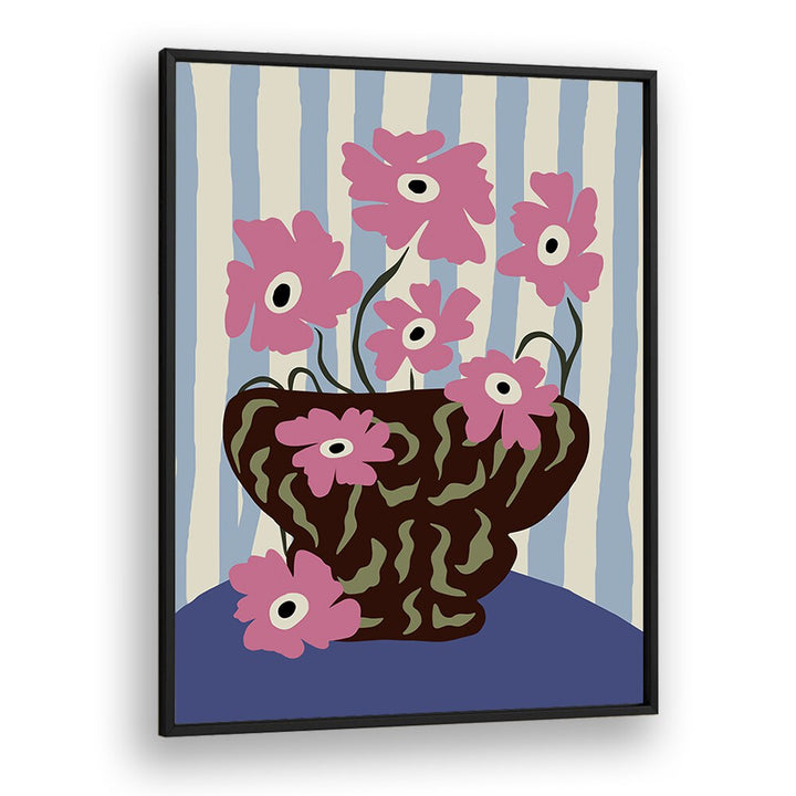 Summer Stripe And Pink Flowers, Botanical Art Paintings Artwork in Black Plain Frame