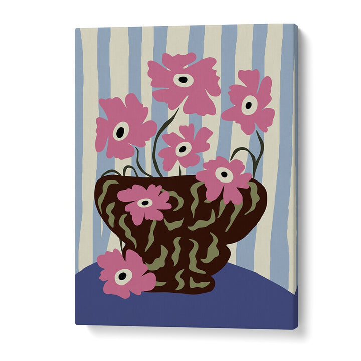Summer Stripe And Pink Flowers, Botanical Art Paintings Artwork in Gallery Wrap