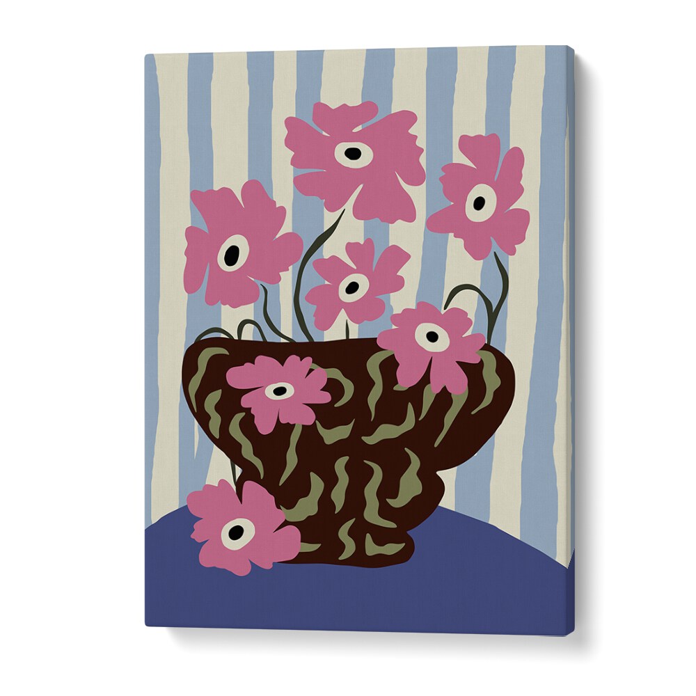 Summer Stripe And Pink Flowers, Botanical Art Paintings Artwork in Gallery Wrap