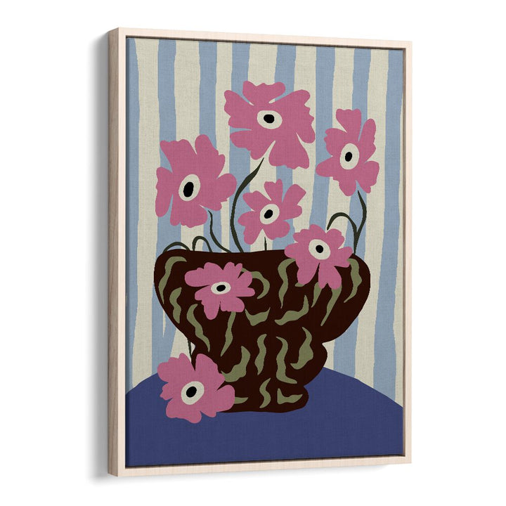 Summer Stripe And Pink Flowers, Botanical Art Paintings Artwork in Oak Wood Floater Frame