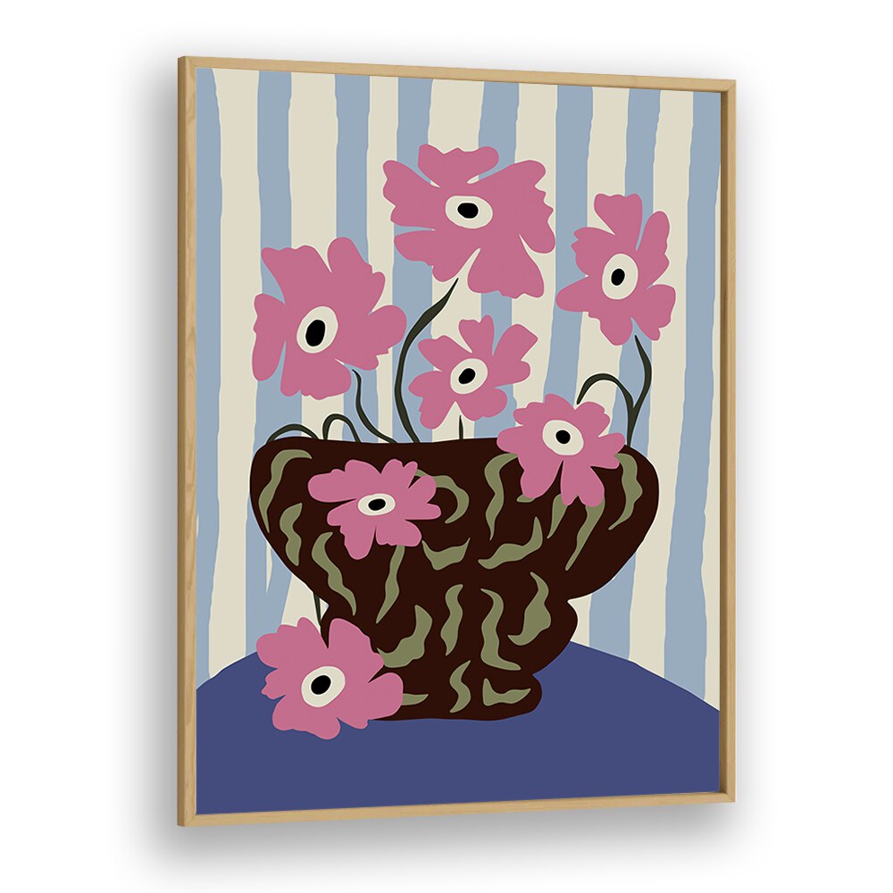 Summer Stripe And Pink Flowers, Botanical Art Paintings Artwork in Oak Wood Plain Frame