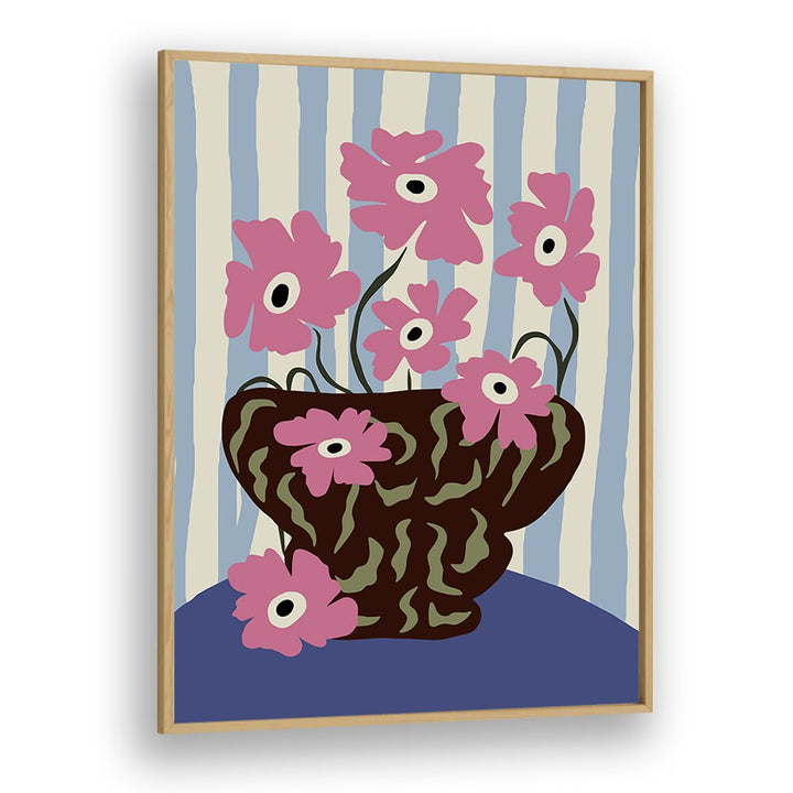 Summer Stripe And Pink Flowers, Botanical Art Paintings Artwork in Oak Wood Plain Frame