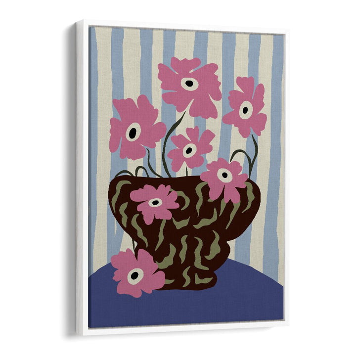Summer Stripe And Pink Flowers, Botanical Art Paintings Artwork in White Floater Frame