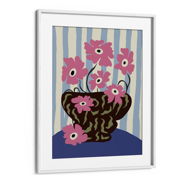 Summer Stripe And Pink Flowers, Botanical Art Paintings Artwork in White Frame With Mount